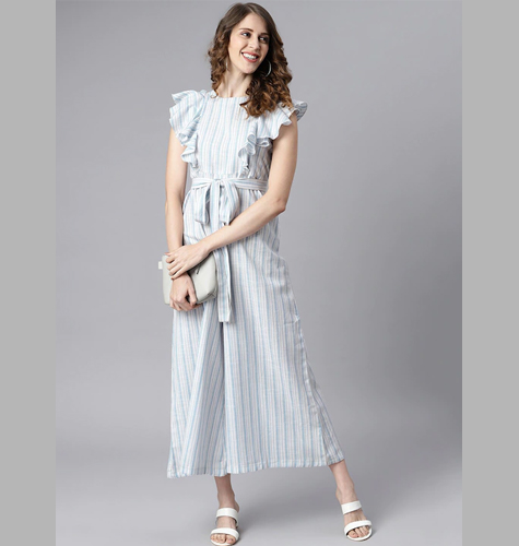 White & Blue Striped Basic Jumpsuit with Ruffles